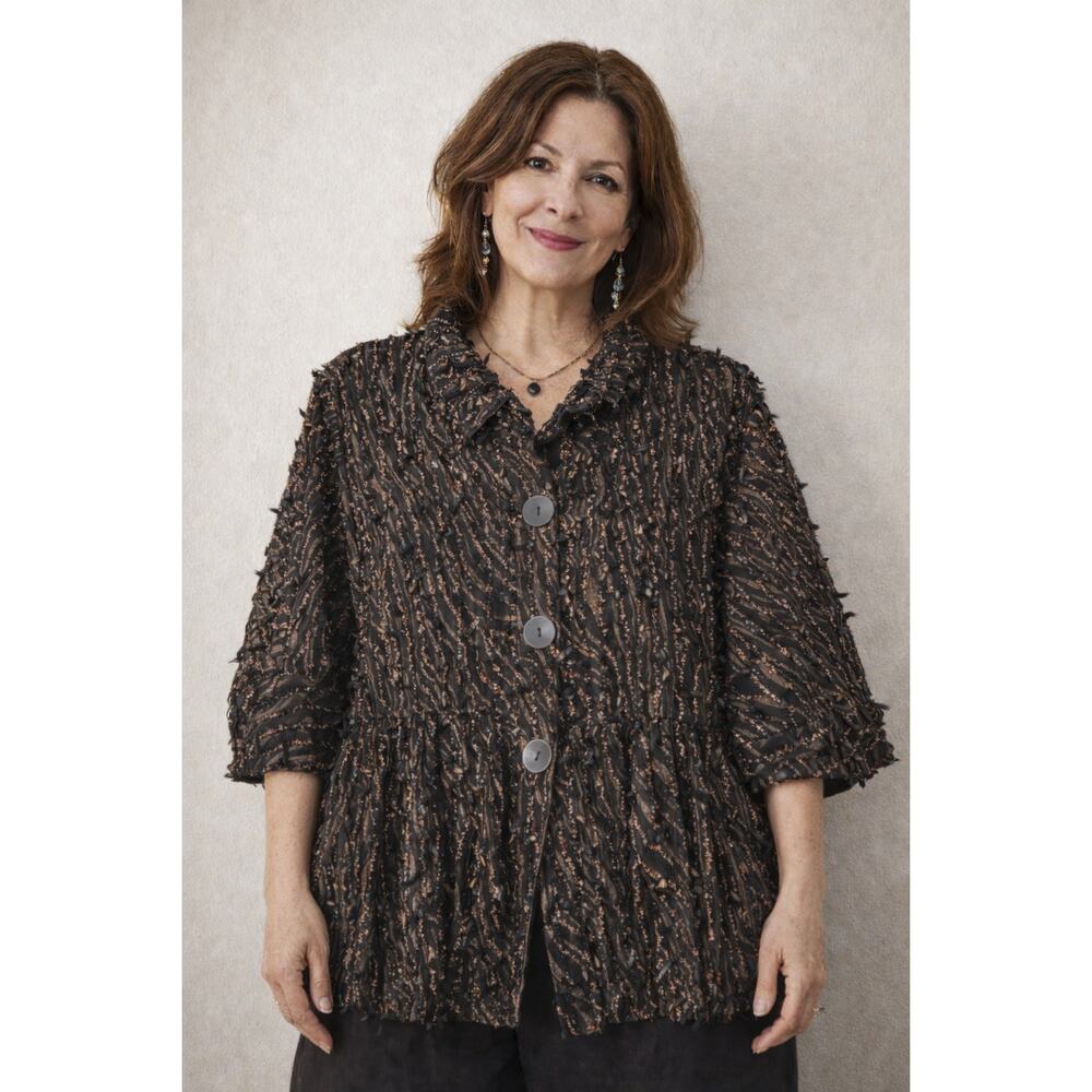 DAMEE INC Women's Mesh Sheer Shaggy Jacket Blazer Medium Black Gold Glam Artsy